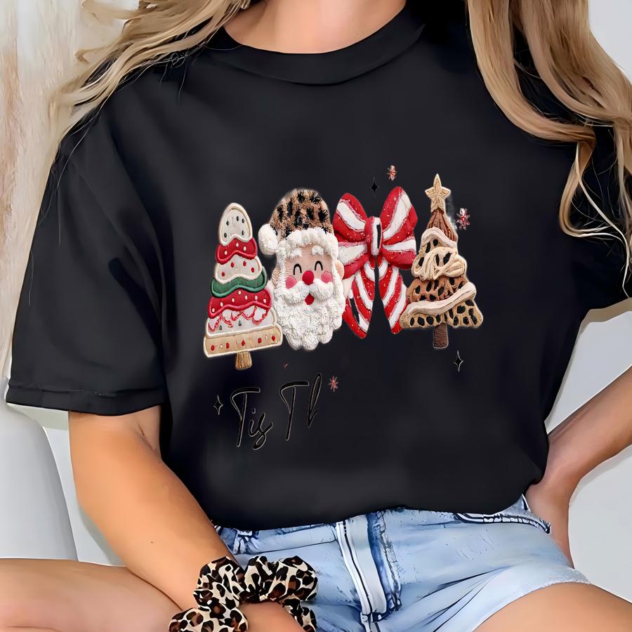 Christmas Tis The Season Shirt: Latch Hook Faux Yarn Santa Coquette Bow Tee Xmas Tree Leopard Hoodie Merry And Bright T-shirt