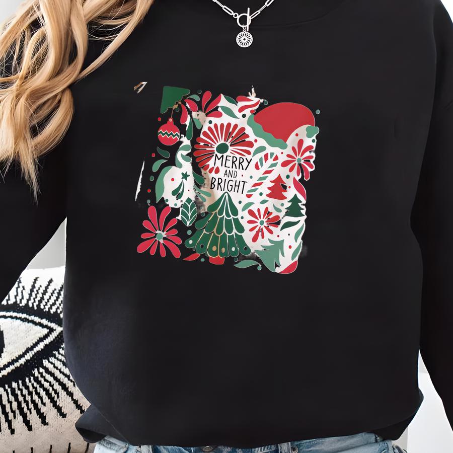 Merry And Bright Floral Christmas Sweatshirt, Christmas Tree Sweater, Christmas Crewneck, Women's Xmas Sweater, Christmas Flowers Sweater Sweatshirt