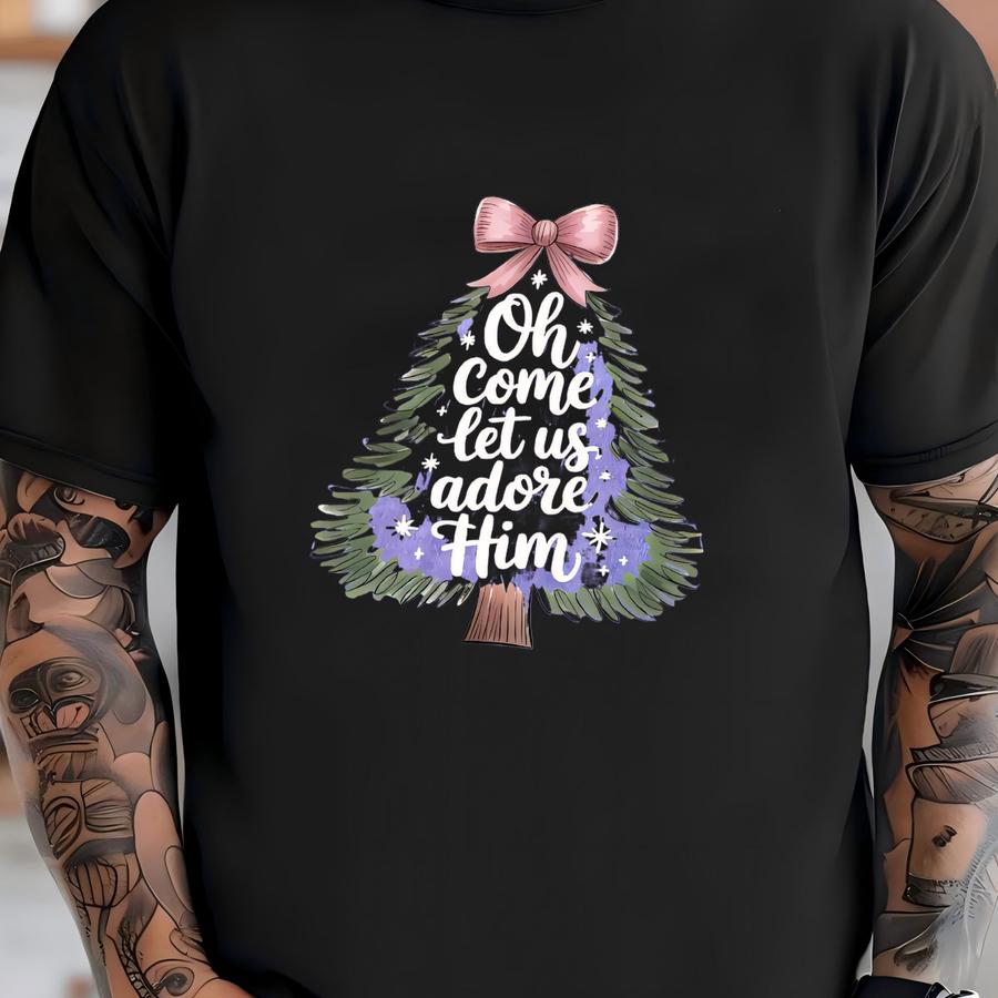 ® Oh Come Let Us Adore Him Shirt, Nativity Christmas Shirt, Christmas Christian Tee, Christmas Tree Coquette, Merry Christmas T-shirt