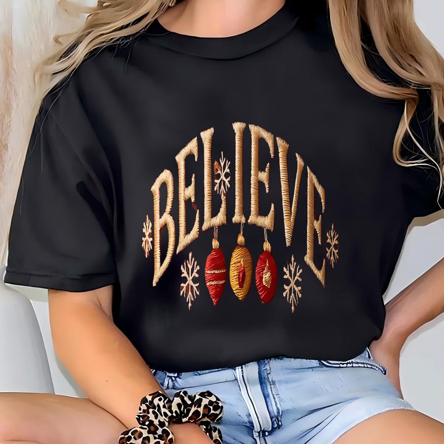 Christmas Believe Ornament Dad Hat, Holiday Bauble Wash Cap, Festive Xmas Gift, Vintage Christmas Hat T-shirt