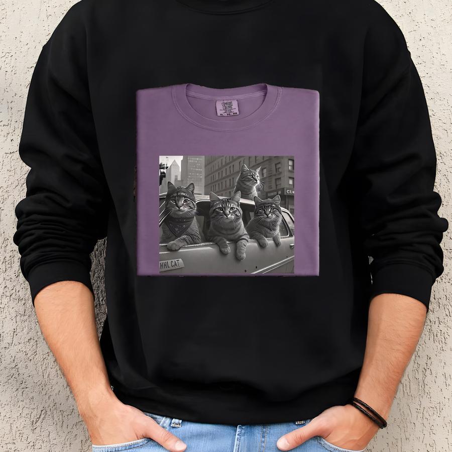 Funny Cat Gang Shirt, Vintage Grayscale Car Print Sweatshirt Funny Cat Gang Shirt, Vintage Grayscale Car Print Sweatshirt