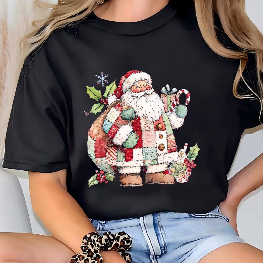 Vintage Patchwork Santa Christmas Tee - Shirt T-shirt