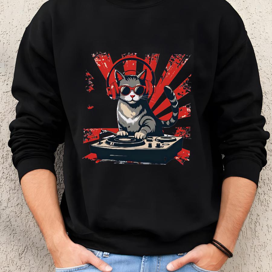Cat Graphic Tee: Dj Kitty Design - Soft Cotton Blend Sweatshirt