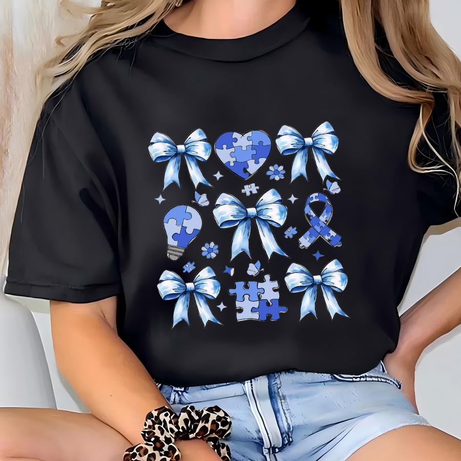 Coquette Bows Autism Awareness Shirt, , Autism Awareness Day, In April We Wear Blue, Autism Month, Autism Mom Dad Tee, 162852 T-shirt