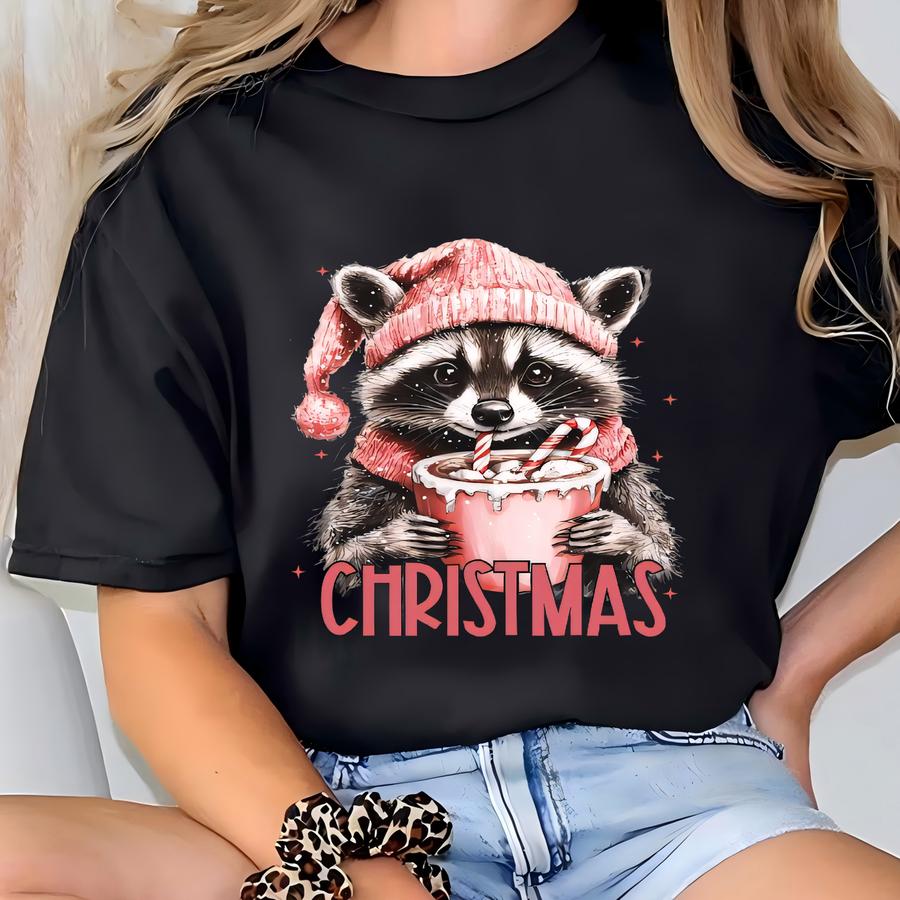 Girl Christmas Raccoon Shirt | Funny Hot Cocoa Holiday Sweatshirt Gift T-shirt