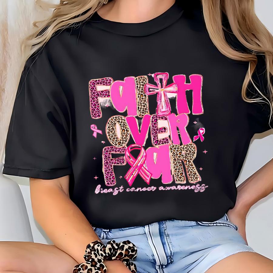 Breast Cancer Faith Over Fear Shirt, Breast Cancer Tshirt, Breast Cancer Awareness Shirt, Preppy Pink Ribbon Faith Tee, Cancer Support Gift T-shirt