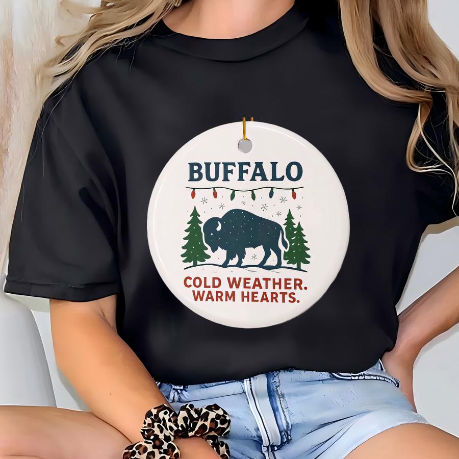 Buffalo Cold Weather Warm Hearts Christmas Ceramic Ornaments, Double-sided Holiday Decor For Sports Fans, Home Decoration, Tree Ornaments, T-shirt