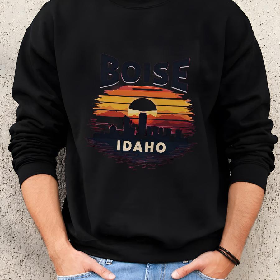 Boise Idaho Art, Retro Sunset T-shirts, Hoodies, Sweatshirt, City Skyline Graphic, Souvenir Gifts, Idaho State Pride Apparel Sweatshirt