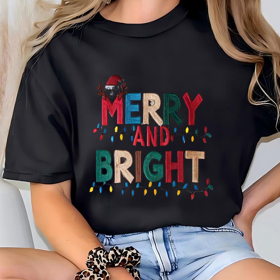  merry And Bright Sweatshirt, Merry Bright Xmas Tree Shirt Pink Holiday Festive Bow Lights, Cute Jolly Tee Merry Christmas Tee T-shirt