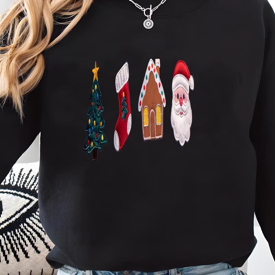 Christmas Sweatshirt, Santa Tree Stocking Gingerbread House Shirt, Cute Holiday Crewneck, Cozy Xmas Gift For Her Sweatshirt