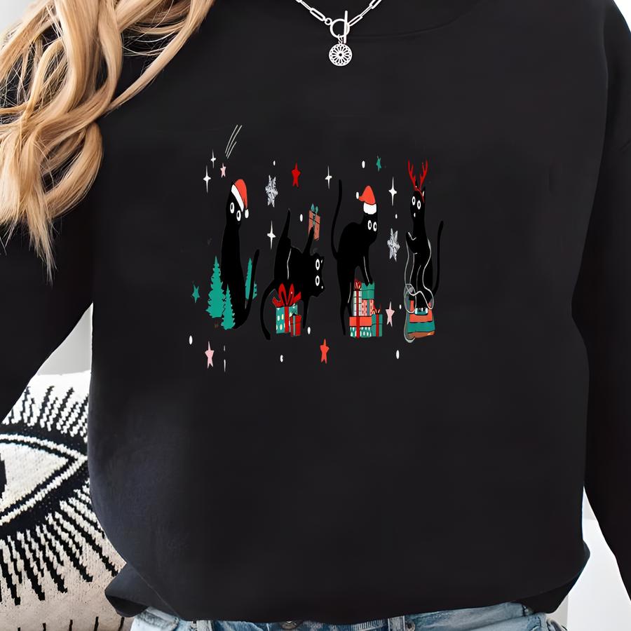 ® Christmas Black Cat Sweatshirt, Cute Merry Christmas Shirt, Holiday Christmas Cat Lover Womens Tee, Cat Mom Xmas Family Gift Sweatshirt