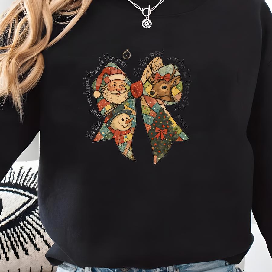 Holiday Bow Graphic Hoodie, Coquette Girl Christmas Outfit, Bow Lover Christmas Sweatshirt, It's The Most Wonderful Time Of The Year Shirt Sweatshirt