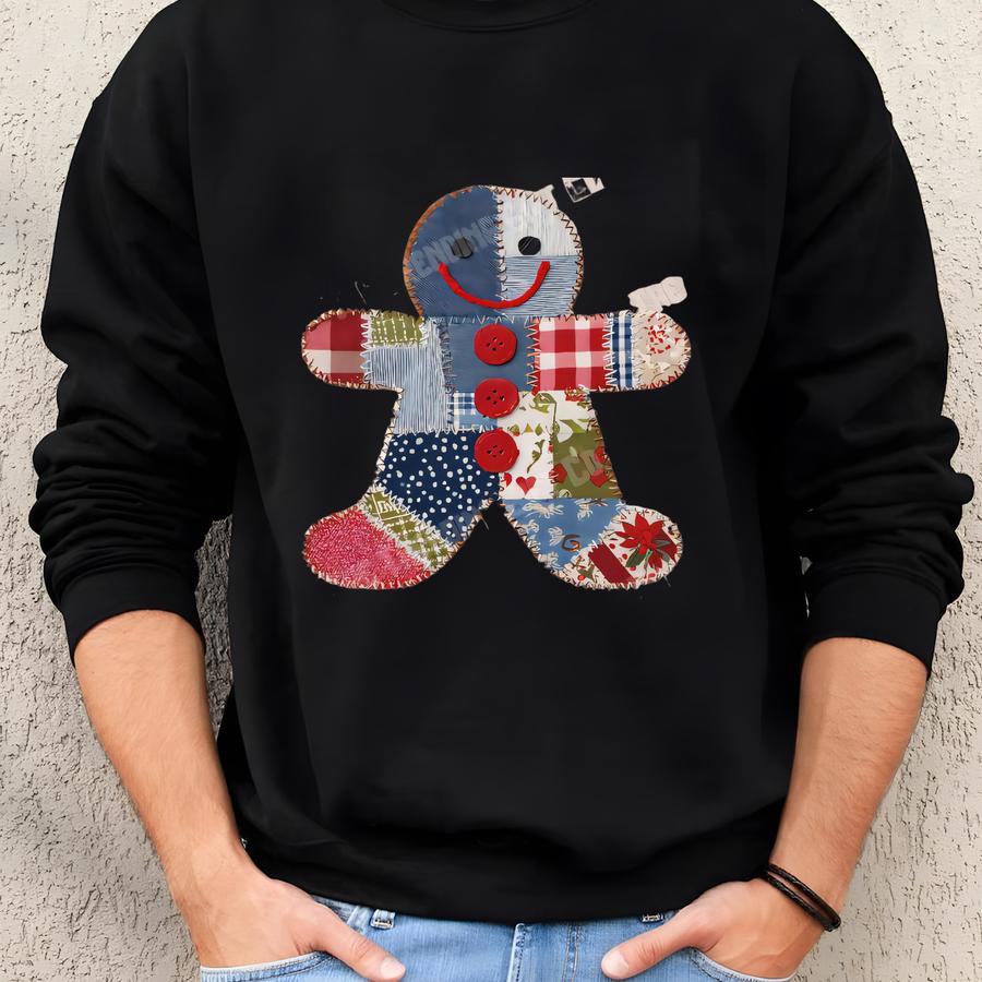 Faux Patchwork Gingerbread Sweatshirt, Christmas Cookie Lover Hoodie, Patchwork Holiday Quilt Sweater Baker Xmas Crewneck Sweatshirt