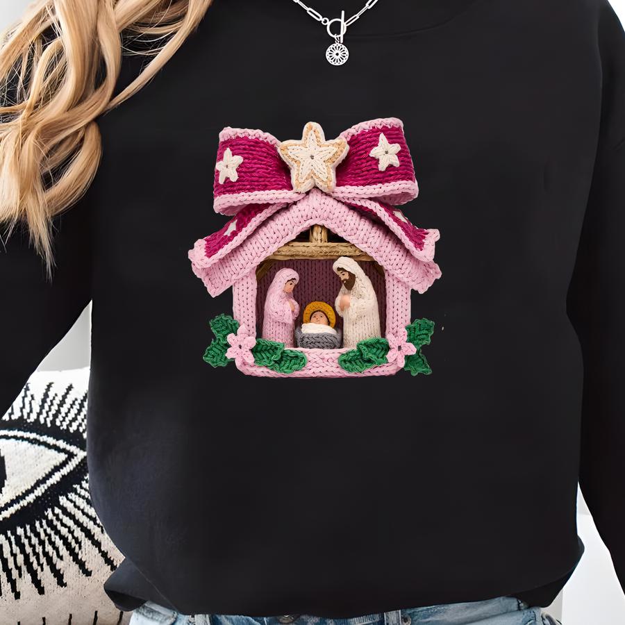 Faux Yarn Nativity Scene Jesus Christmas Png Pink Crochet Png Christian Christmas Shirt Pink Coquette Bow Baby Jesus Religious Patchwork Sweatshirt