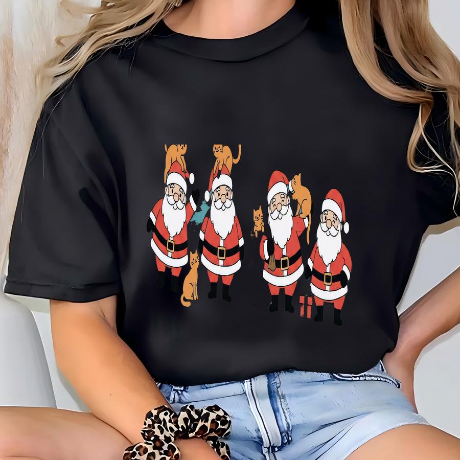 Santa And Orange Cat Shirt, Meowy Christmas Shirt, Funny Xmas Cat Lover Shirt, Christmas Cat Mom Gift, Minimal Santa Tee T-shirt