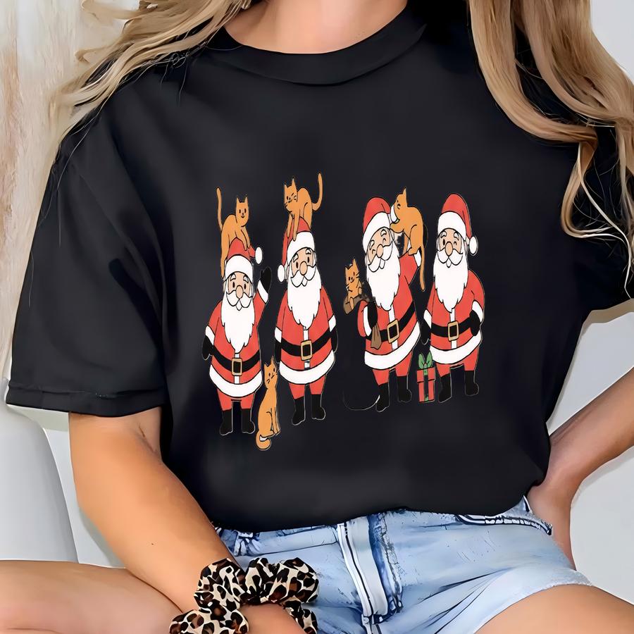 Christmas Santa And Orange Cat Sweatshirt, Meowy Christmas Sweatshirt, Cute Christmas Shirt For Cat Lover, Funny Cat Mom Gift For Holiday T-shirt