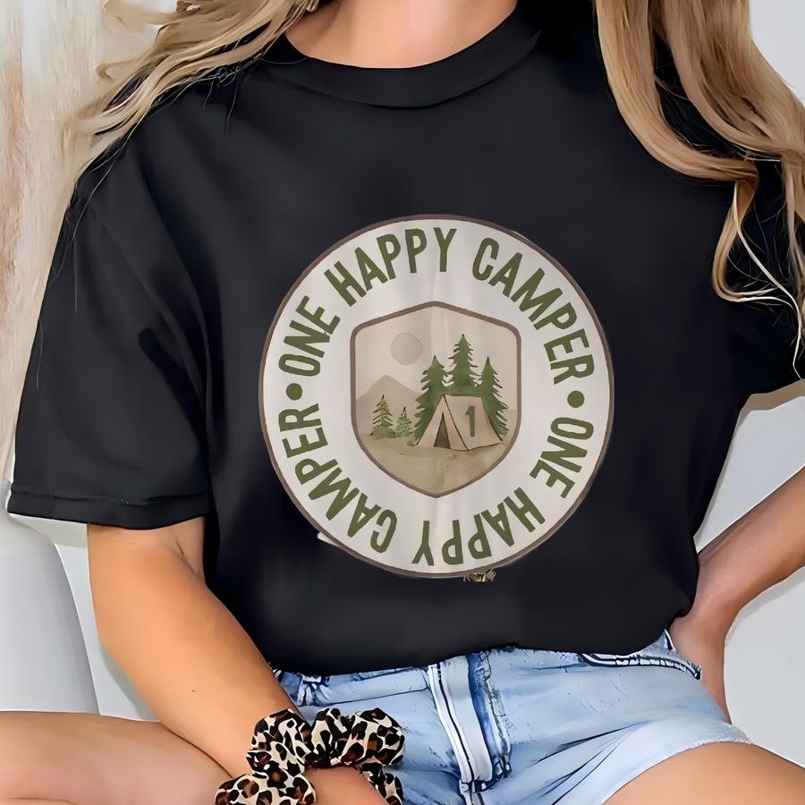 One Happy Camper First Birthday Party Backdrop | Rustic Woodland Banner | Camping Baby Boy Wall Decor | 1st Birthday Outdoor Theme Tapestry T-shirt