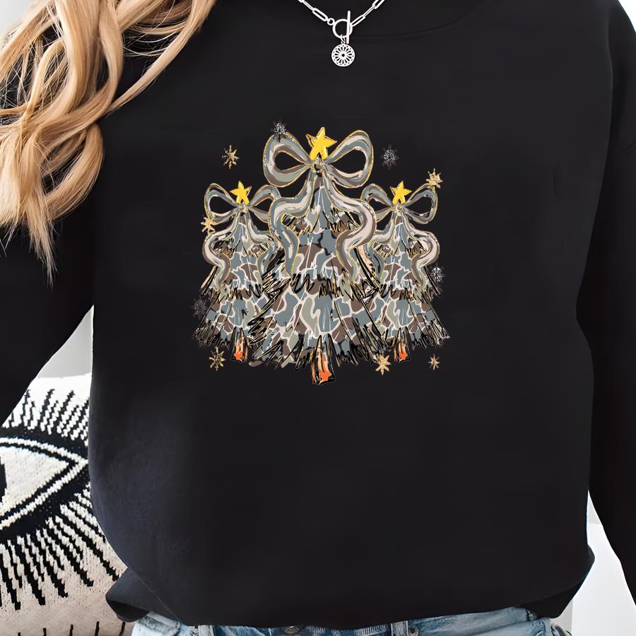 Merry Christmas Tree Sweatshirt, Christmas Tree Shirt, Coquette Christmas Tshirt, Girly Christmas Tree Sweater, Preppy Bow Tree Crewneck Sweatshirt