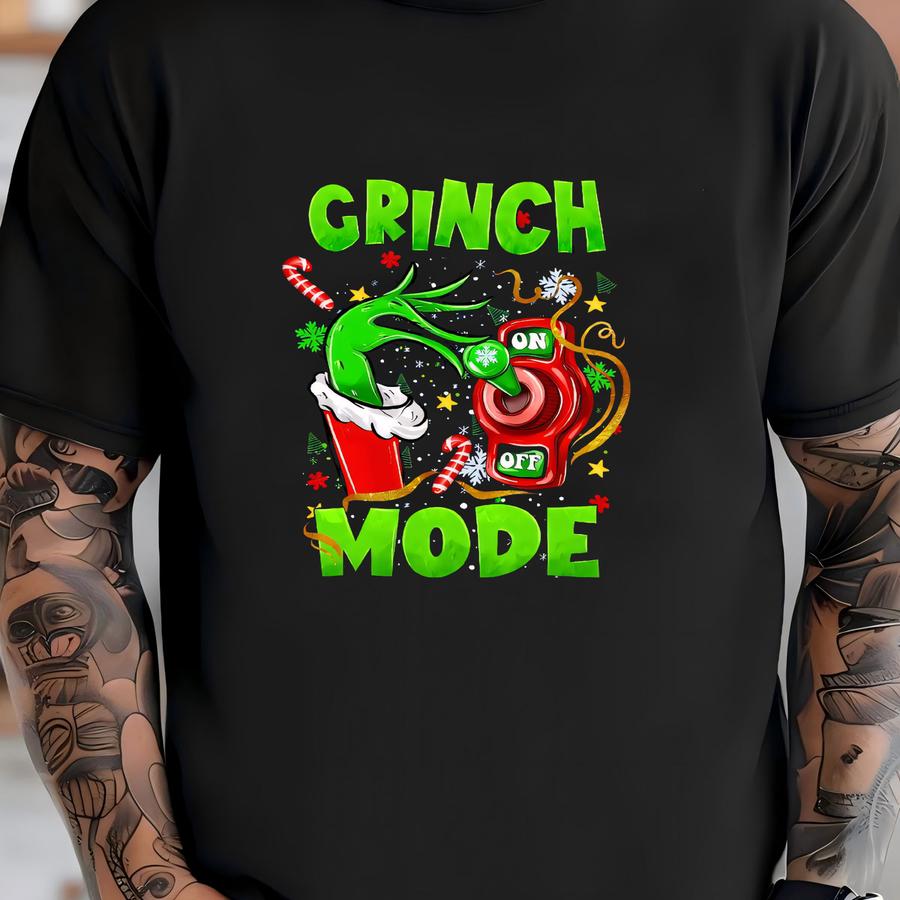 Funny Christmas Mood Sweatshirt, Cozy Hoodie With Green Hand And On Off Switch Print T-shirt