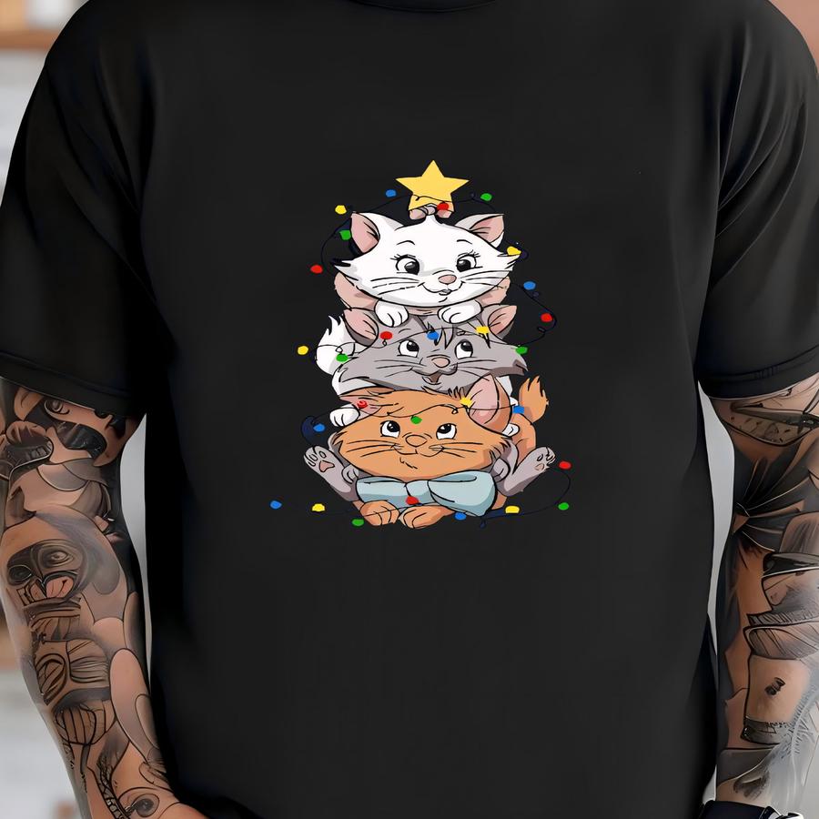 Christmas Cat Tree Hoodie, Holiday Kitty Tee With Lights T-shirt