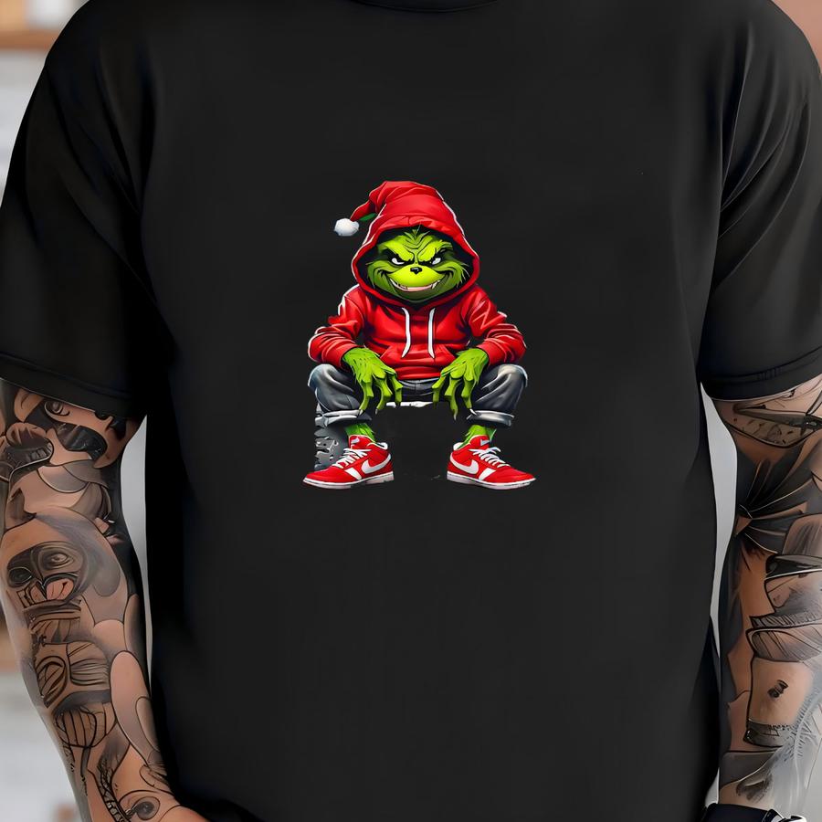 Urban Christmas Streetwear Sweatshirt, Cozy Crewneck With Red Hoodie Green Character Print T-shirt
