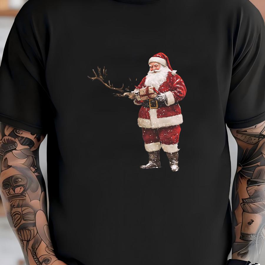 Santa And Reindeer Sweatshirt, Classic Christmas Crewneck, Vintage Holiday Shirt, Cozy Winter Gift, Santa Claus Shirt, Reindeer Lover Gift T-shirt