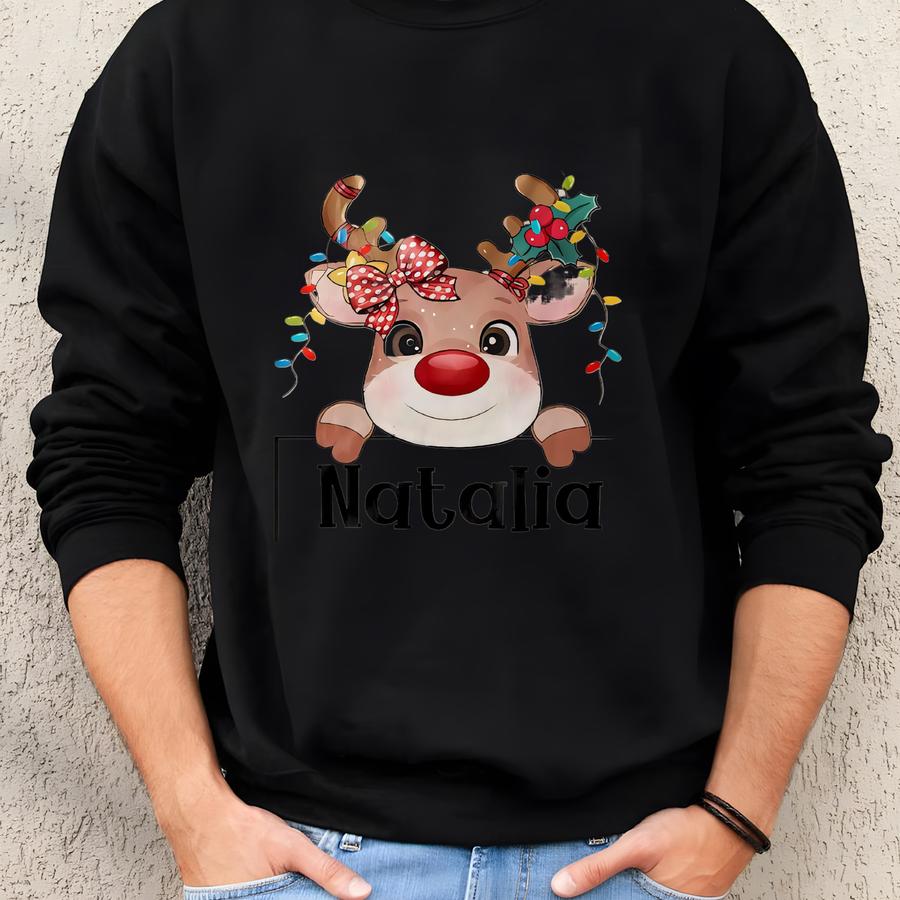 Custom Name Reindeer Christmas Tee, Personalized Merry Christmas, Kids Christmas Tee, Xmas Canvas Gift, Funny Boy Girl Sweatshirt
