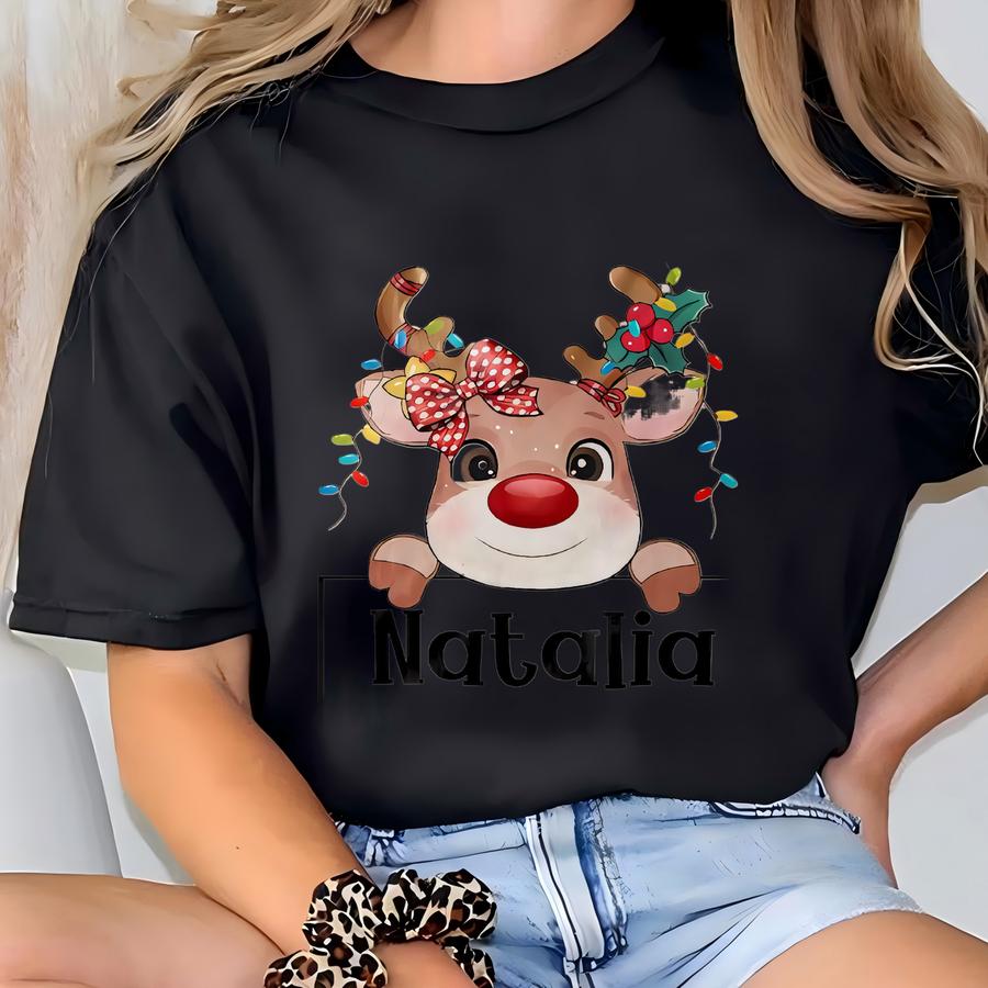 Custom Name Reindeer Christmas Tee, Personalized Merry Christmas, Kids Christmas Tee, Xmas Canvas Gift, Funny Boy Girl T-shirt