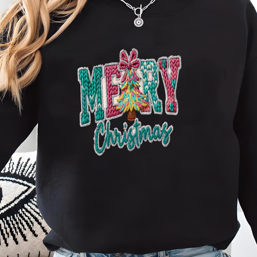 Merry Christmas Faux Yarn Shirt, Realistic Yarn Texture Holiday Women Gift Chunky Knit Coquette Bow Christmas Tree Tee Sweatshirt