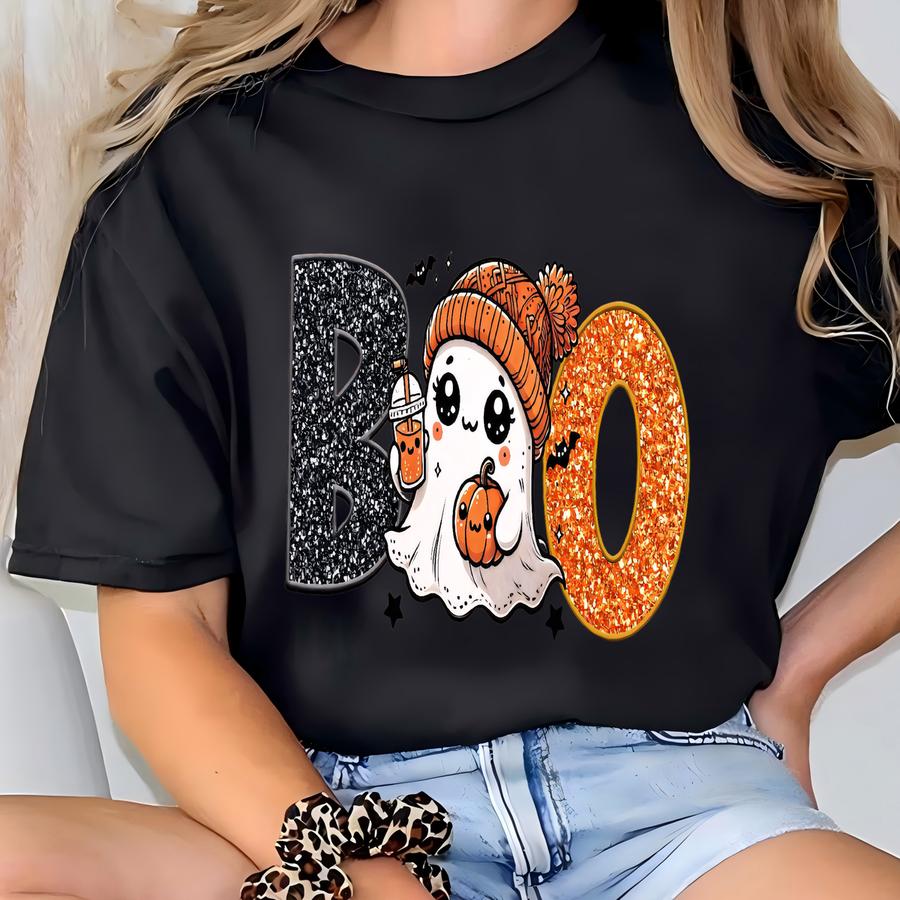 Boo Sparkly Ghost Shirt, Halloween ® Tee, Cozy Spooky Season Fall Outfit, Boo Ghost Shirt For Women, Fall Aesthetic Tee T-shirt