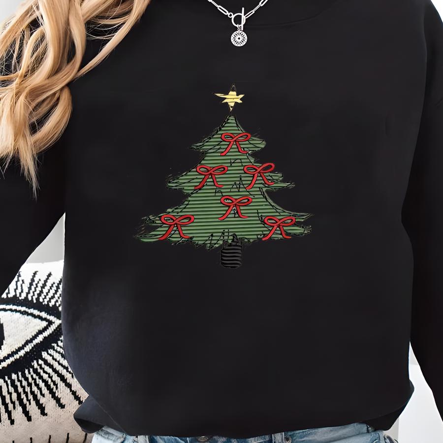 Merry Christmas Sweatshirt, Christmas Sweatshirt, Coquette Bow Christmas Tree Shirt, Christmas Gift Sweatshirt