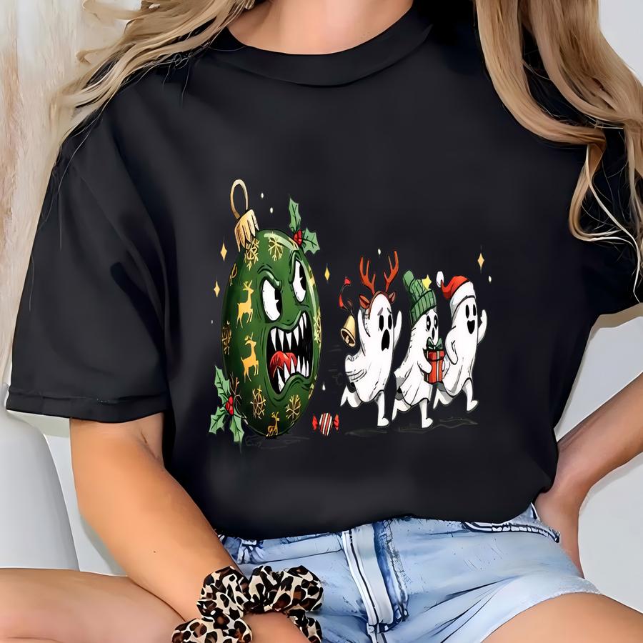 Funny Christmas Ghosts Shirt, Spooky Ornament Chasing Ghosts Shirt, Merry Christmas Shirt, Scary Christmas Ornament Chasing, Funny Xmas T-shirt
