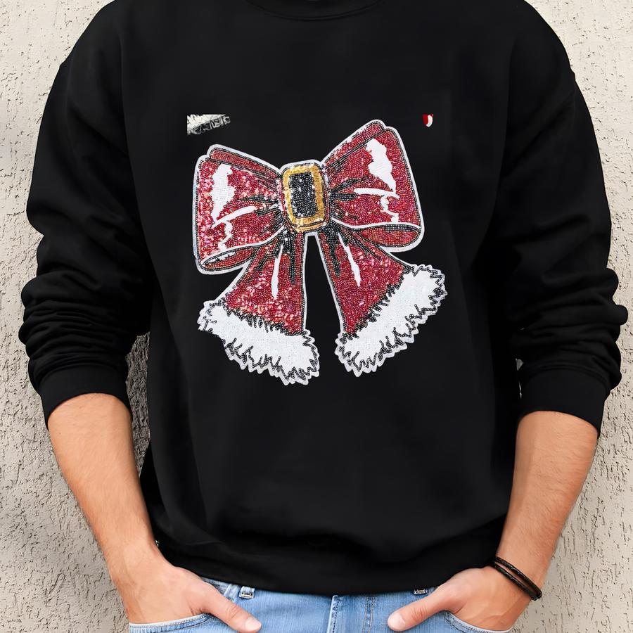 Santa Bow Sequins Patch Sweatshirt - Santa Bow Chenille Sweatshirt - Christmas Sweatshirt - Christmas Sequin Sweatshirt - Silver Side Bows Sweatshirt