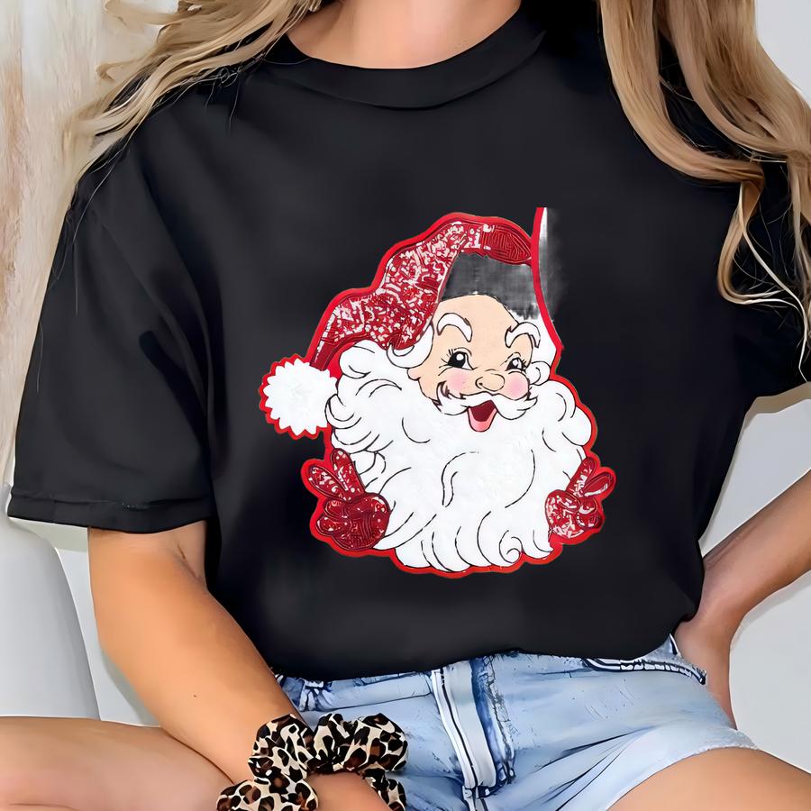 Sequins Peace Santa Christmas Sweatshirt - Santa Chenille Sweatshirt - Christmas Sweatshirt - Red Side Bows - Christmas Chenille Patch T-shirt