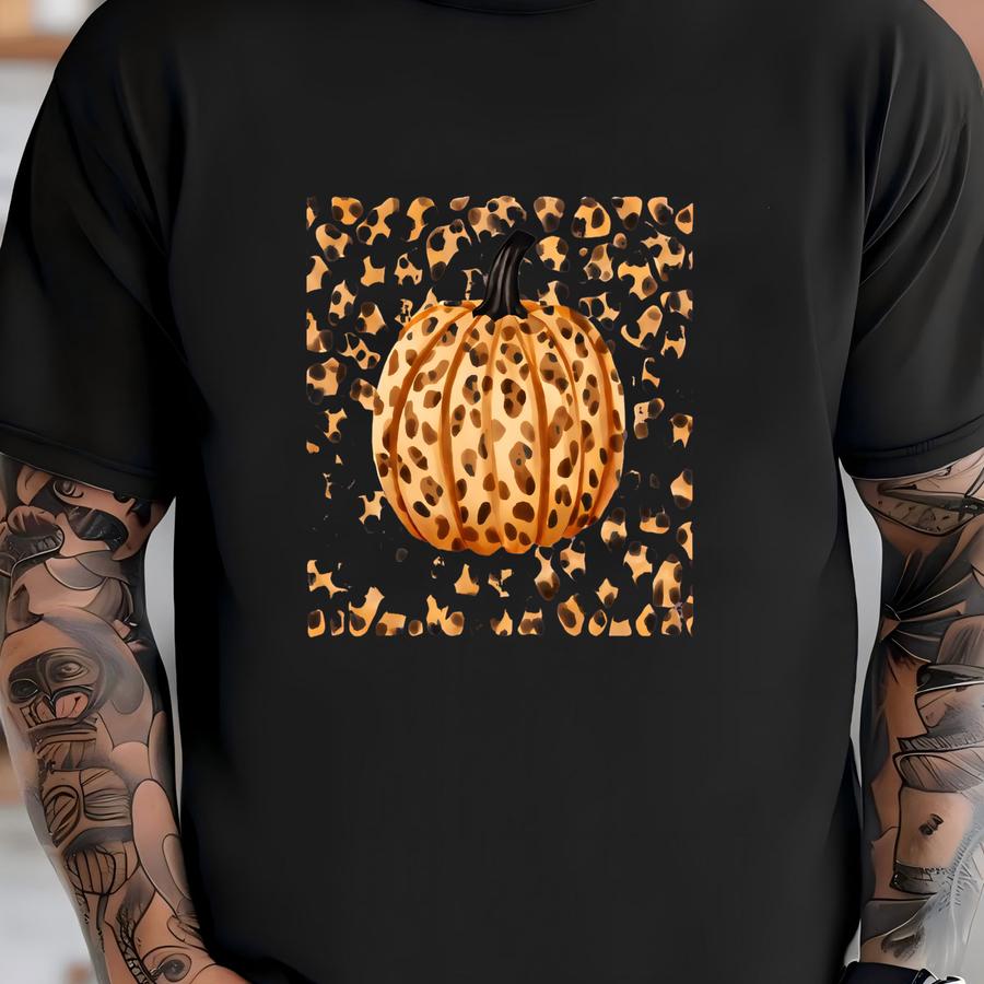 Leopard Pumpkin Graphic Tee: Unisex Fall Fashion, Halloween Top T-shirt