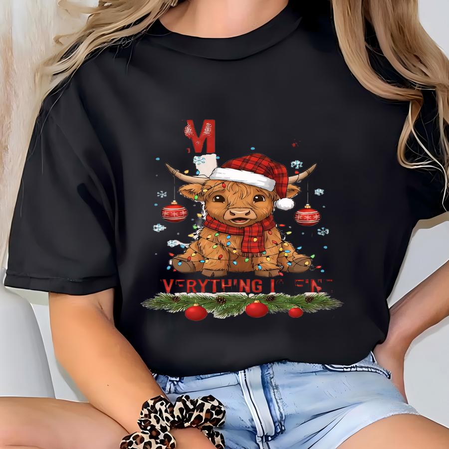 Christmas Cow Lights Sweatshirt: Highland Cow Crewneck, Farm Xmas T-shirt