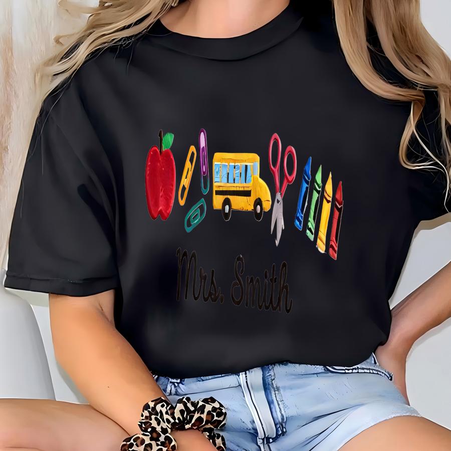 Teacher Icons With Custom Name Sweatshirt, Teacher Appreciation Gift, Crayon Teacher, Back To School Gift, Personalized Teacher T-shirt