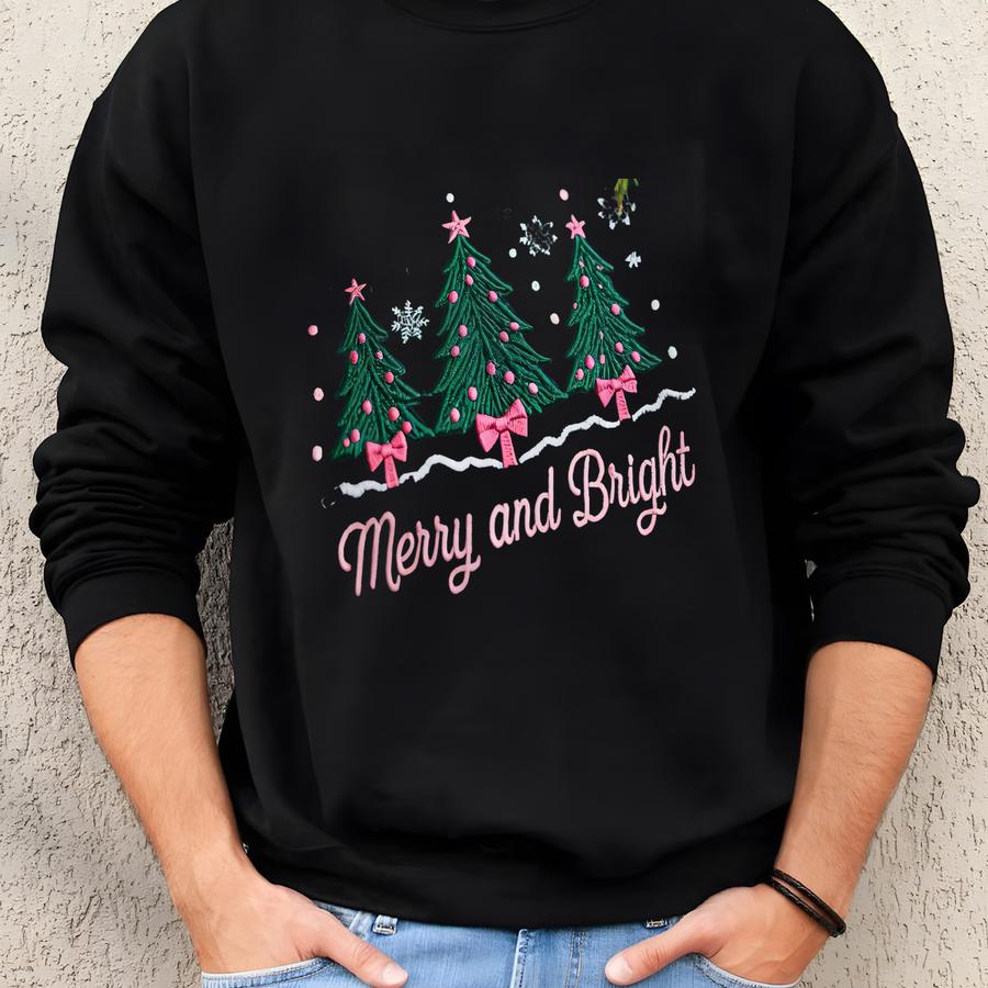 Merry And Bright Sweatshirt, Holiday Pine Tree Sweater, Christmas Tree Sweatshirt - Cozy Merry Bright Sweatshirt Sweatshirt