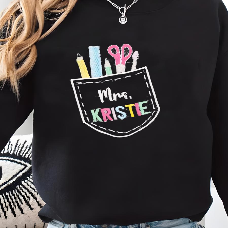 Teacher Name Pocket Sweatshirt – Custom Last Name Crewneck – Back To School Or End Of Year Teacher Gift Sweatshirt