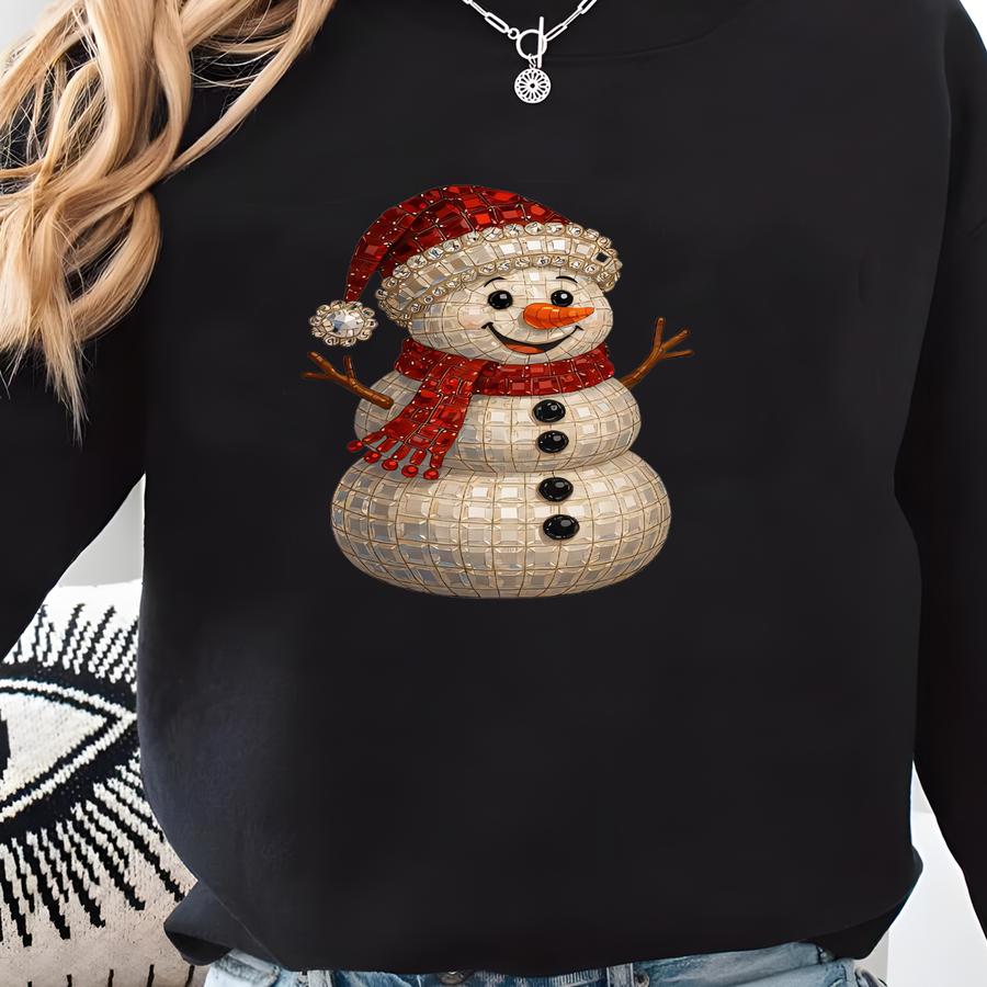 Snowman Christmas Sweatshirt Faux Rhinestone Snowman Crewneck For Holiday Party Cute Bling Snowman Top For Office Apparel Cozy Casual Wear Sweatshirt