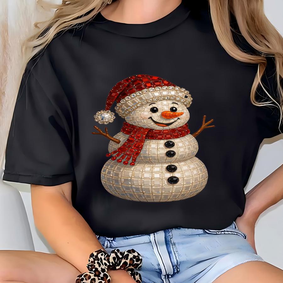 Snowman Christmas Sweatshirt Faux Rhinestone Snowman Crewneck For Holiday Party Cute Bling Snowman Top For Office Apparel Cozy Casual Wear T-shirt
