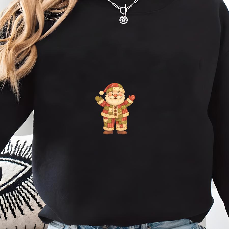 Patchwork Santa Christmas T-shirt, Vintage Santa Claus Tee, Cozy Holiday Patchwork Shirt, Rustic Christmas Aesthetic Top, Black Festive Tee Sweatshirt