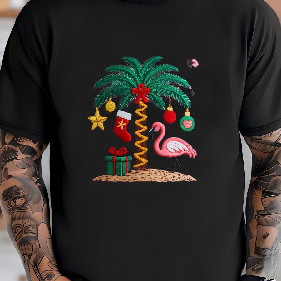 Palm Tree And Flamingo Christmas Cap – Tropical Vacation Holiday Hat Gift Lovers T-shirt