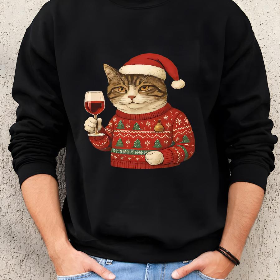 Christmas Cat Tank Top - Funny Wine Drinking Kitty Crop Top - Holiday Party Tank - Anti Christmas Shirt Gift For Cat Mom Sweatshirt