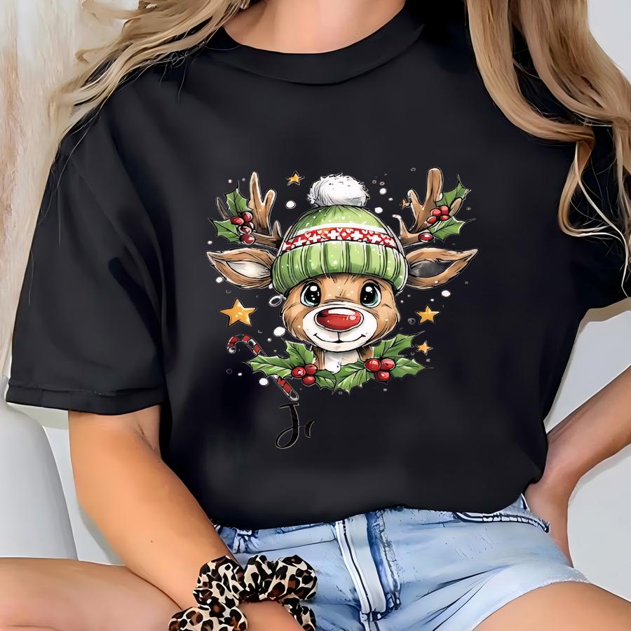 Personalized Kids Christmas Reindeer Hoodie, Custom Name Holiday Tee, Cute Boy Girl Rudolph Design, Toddler Xmas Outfit, Kid Gift Idea T-shirt