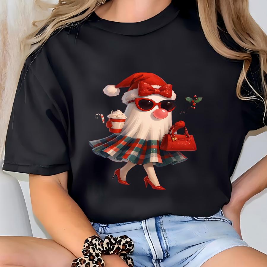 Retro Santa Ghost Girl Christmas Sweatshirt, Holiday Chic Ghost Girl Shirt, Festive Retro Outfit Gift, Cute Winter Crewneck Women Shirt T-shirt