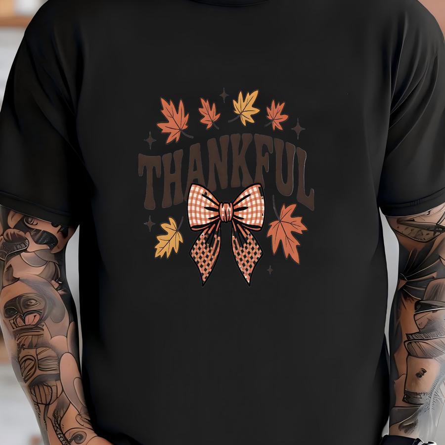 Thankful Sweatshirt: Retro Fall Leaves Bow Thanksgiving Crewneck T-shirt