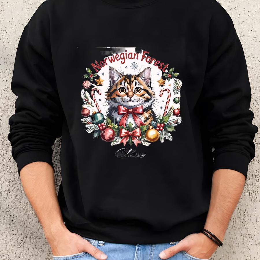 Norwegian Forest Cat Sled Ornament: Christmas Tree, Personalized Cat Name, Unique Sweatshirt