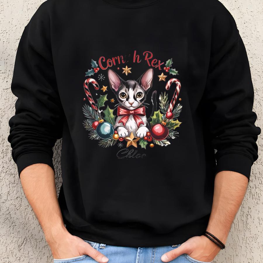Cornish Rex Sled Ornament: Custom Name, Christmas, Holiday, Cat Breed Sweatshirt