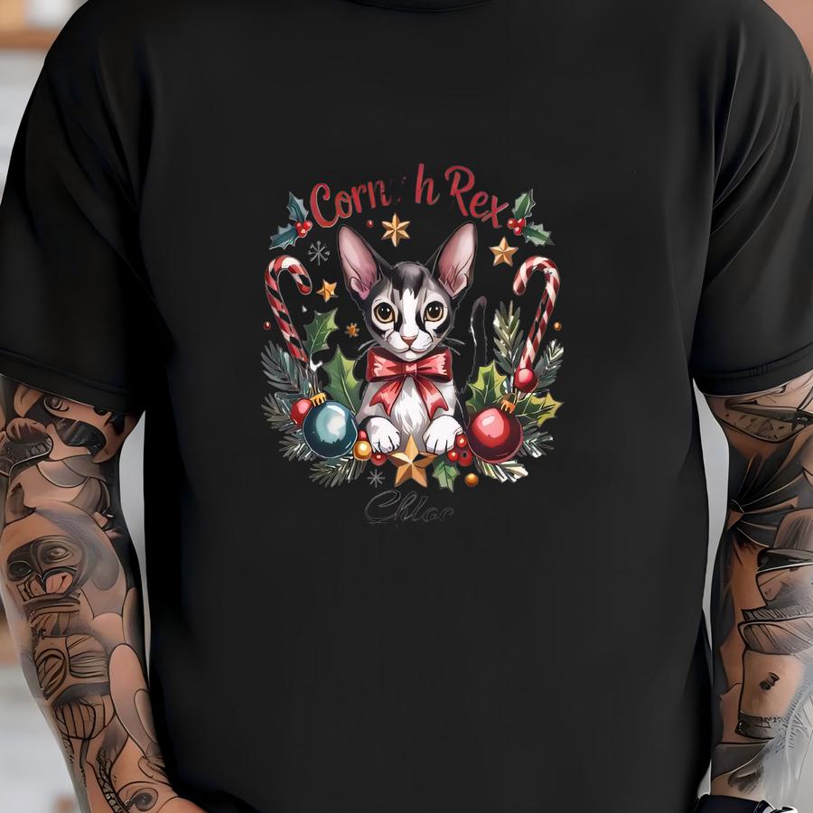 Cornish Rex Sled Ornament: Custom Name, Christmas, Holiday, Cat Breed T-shirt